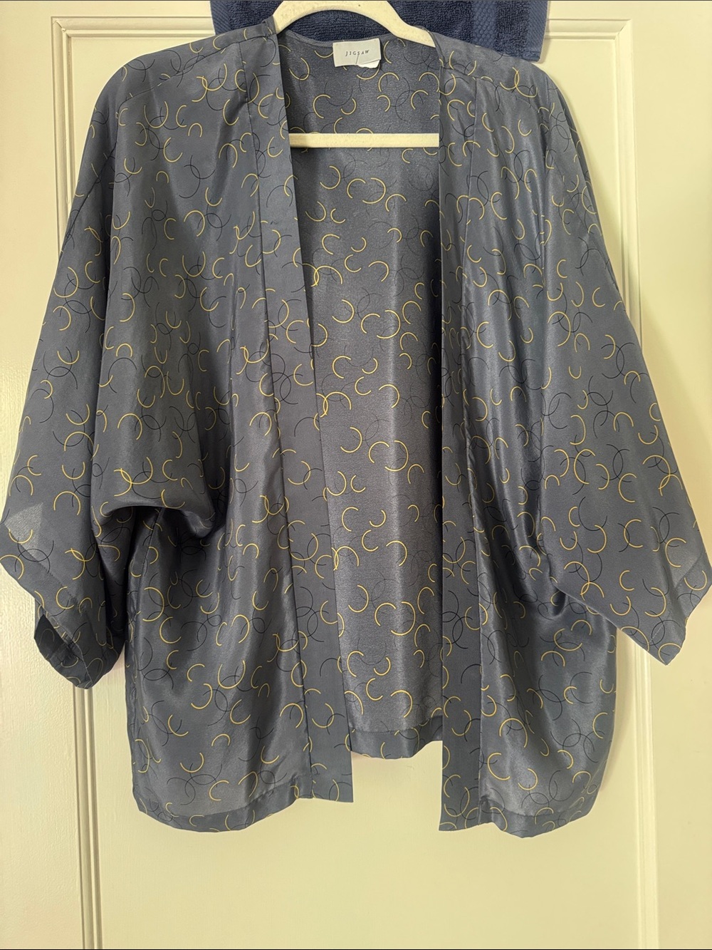 Jigsaw Slate Blue Open-Front Kimono Jacket with Gold Crescent Print